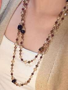 1pc New Bohemian Style Geometric Asymmetrical Round Beads Faux Crystal Multicolor Women's Beaded Necklace, Suitable For Party, Dance, Gathering, Daily Outfit Matching - Multicolor - View 3