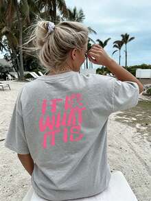 Unisex Oversized Graphic T-Shirt With A Comfortable, Loose Fit And A Vibrant Pink Print, Perfect For Summer Beach Outfits, Casual Wear, Etc. - Grey - View 2