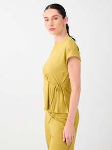 Women's Olive Green Round-Neck Blouse – Short-Sleeve Top With Tie Detail - Olive Green - View 3