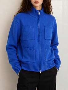 Women's Autumn/Winter Casual Minimalist Multi-Pocket Design Stand Collar Zipper Cardigan Jacket - Blue - View 3