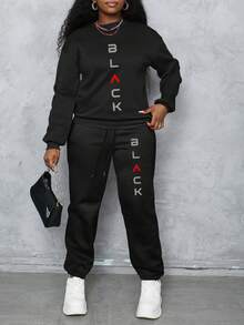 Women's 2 Pieces Loungewear Set, Letter Print Drawstring Hoodie & Sweatpants Set, Casual Long Sleeve Loungewear Set, Suitable For Home Wear, Outdoor Sports And Winter Wear - Black - View 1