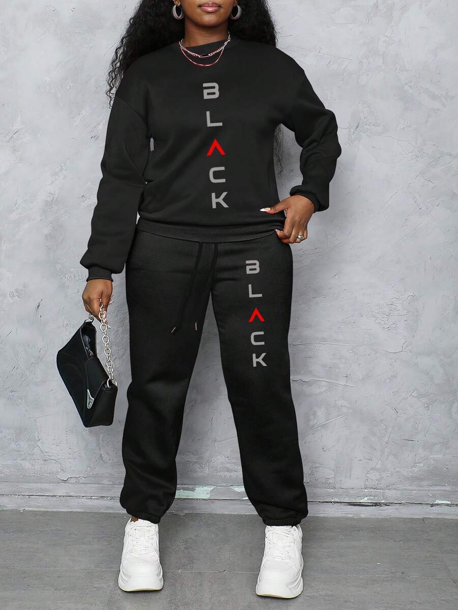 Women's 2 Pieces Loungewear Set, Letter Print Drawstring Hoodie & Sweatpants Set, Casual Long Sleeve Loungewear Set, Suitable For Home Wear, Outdoor Sports And Winter Wear - Black - View 1