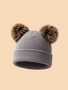 1PC Kids Solid Color Double Pom Pom Basic Cuffed Knit Hat, Multiple Color Options For Fashion Matching, Soft And Elastic Suitable For Autumn/Winter Multiple Occasions, Fits Both Boys And Girls - Multicolor - View 19