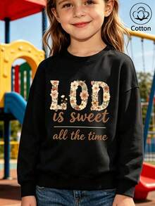 Girls' Cotton Top, Printed, Comfortable, Relaxed-Fit Dropped-Shoulder Sweatshirt, Round-Neck Oversized Sweatshirt - Black - View 2