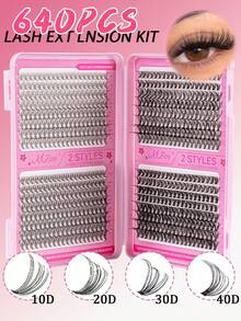 MEM 640片D捲度10D-100D簇裝假睫毛套組，含睫毛膠、卸妝液、定型液與刷具，DIY工具完整套組，適合初學者，適用日常、婚禮、派對造型，聖誕與萬聖節禮物 - 黑色 - 查看 6