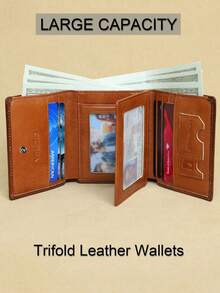 Premium Men's Genuine Leather Trifold Wallet - Secure ID Window, RFID Blocking - Genuine Leather Material, Large Capacity, Convenient Flip Card Slots, Men's Wallet, Compact Wallet, Genuine Leather Material - Brown - View 4