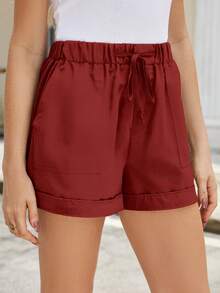 Plus Size Women's Solid Color Simple Casual Pocket Shorts Summer - Burgundy - View 1