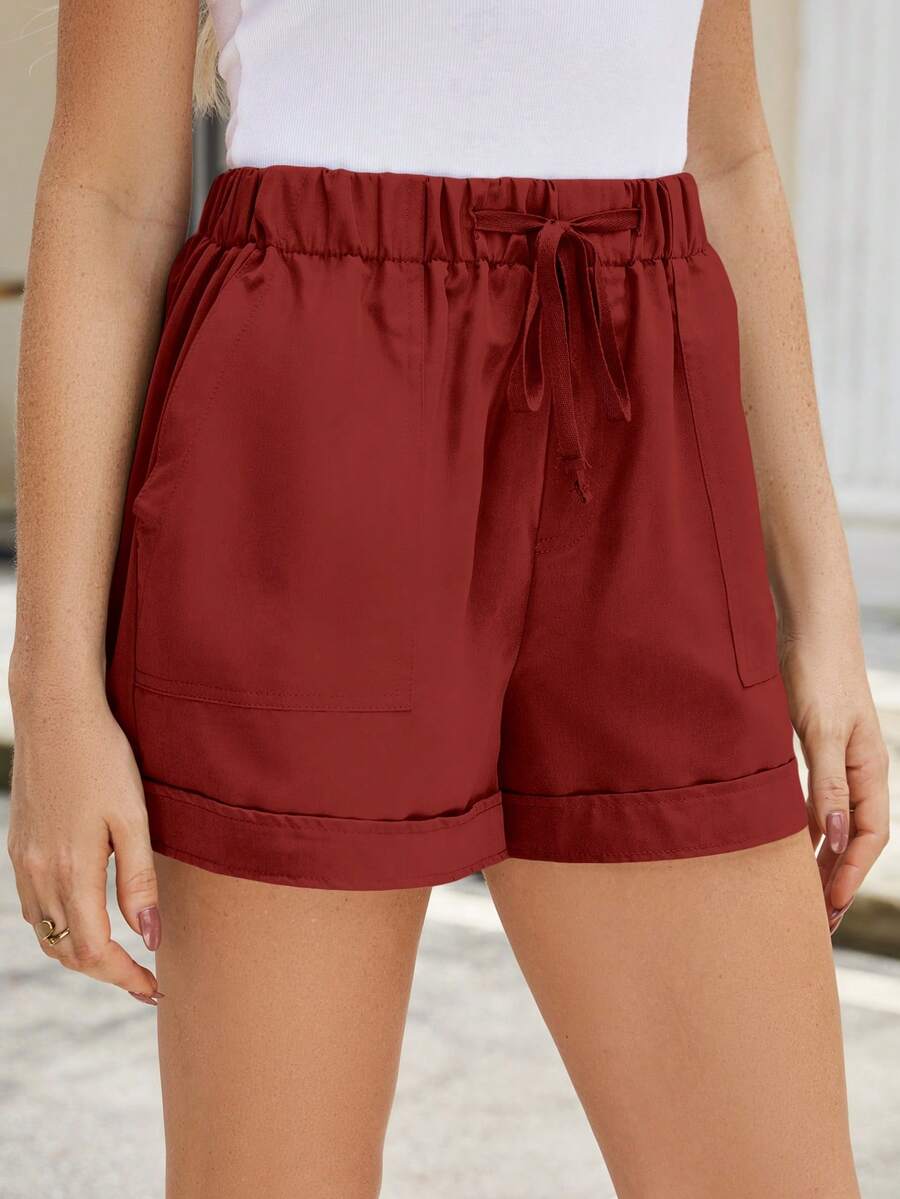 Plus Size Women's Solid Color Simple Casual Pocket Shorts Summer - Burgundy - View 1