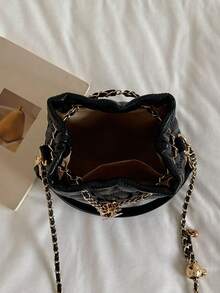 Nicekee Diamond Patterned Drawstring Bucket Handbag With Thin Chain And Metal Accessories, Suitable For Daily Outings, Dates, Gatherings And Commuting - Black - View 12