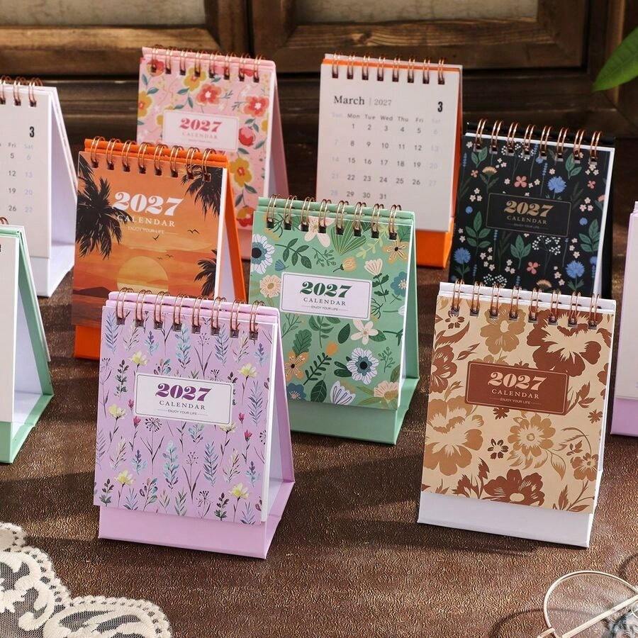 1 Buah Kalender Meja Mini 2027 - Kalender Meja Bunga 18 Bulan dengan Catatan Memo, Dudukan Kalender Kecil untuk Rumah & Kantor, Sempurna untuk Perencanaan Harian & Hadiah Liburan