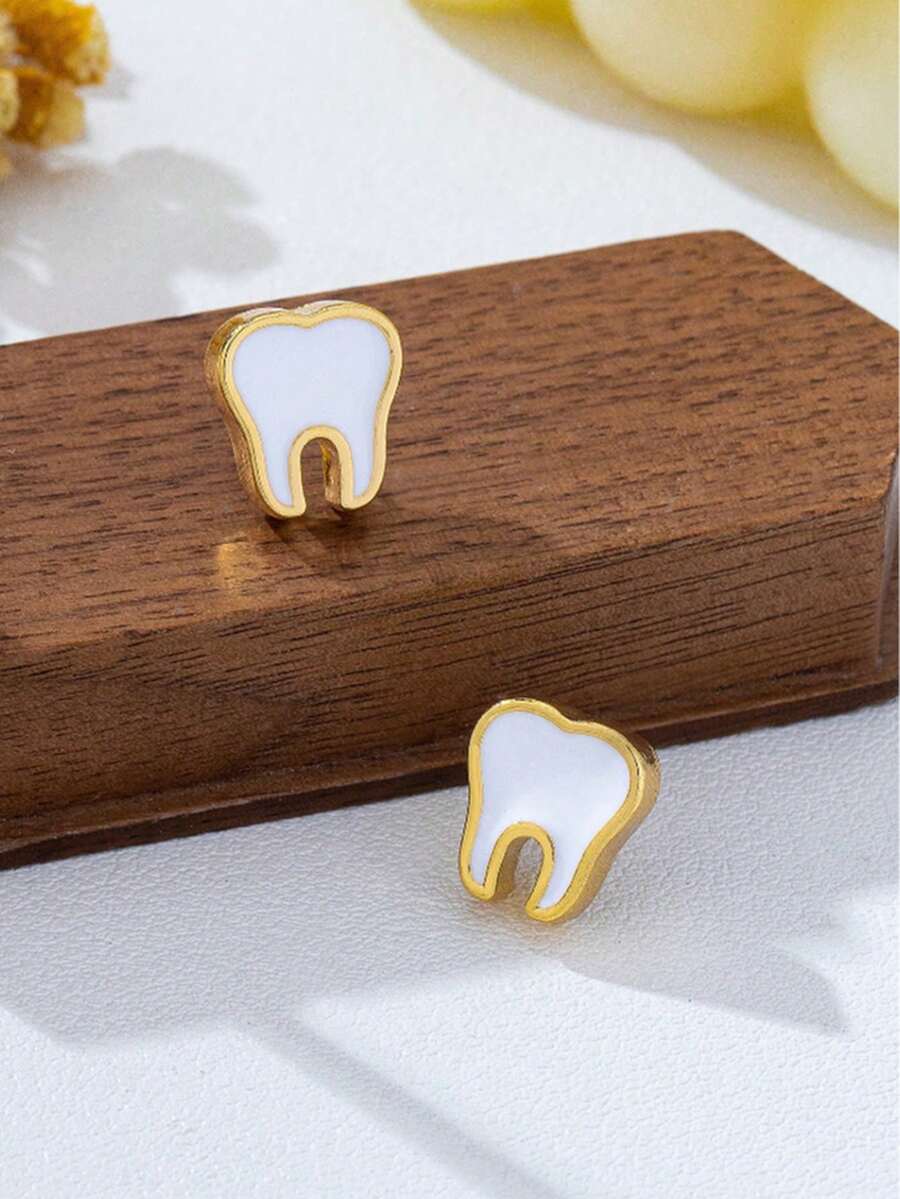 1對趣味白色牙齒造型耳釘,精緻金屬色琺瑯耳環,創意節日派對裝扮珠寶禮物(無卡片) - 款式3 - 查看 1