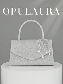 OpulAura 女士时尚闪亮流苏水晶水滴装饰晚宴手提包，优雅手拿包，适合搭配正式礼服，适用于浪漫婚礼、正式派对、舞会、鸡尾酒会等场合，配有可拆卸链条肩带，水晶流苏图案随机。 - 銀色 - 查看 1