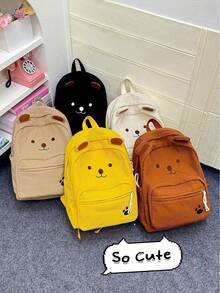 PC Cartoon Bear Pattern Corduroy Backpack, Sweet Casual Style, Top Handle Side Pockets, Lightweight And Durable, Suitable For School, Daily Shopping And Short Trips - Multicolor - View 5