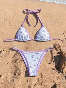 SwimNova Spring/Summer Fresh Floral Halter Neck Light Purple Trim Bikini Top And Triangle Bottom 2 Pieces Set For Beach Vacation Party - Multicolor - View 2