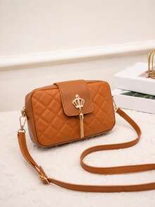 1pc Women's Luxury Quilted Small Square Bag, Crown Tassel Decor Crossbody Bag, Adjustable Strap Minimalist Versatile Camera Bag - M1915 - View 6