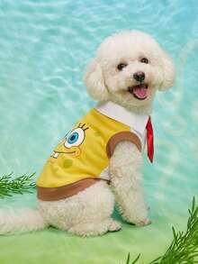 SpongeBob SquarePants | PETSIN 1件可愛卡通圖案春夏薄款透氣背心附紅色領結T恤，適合小型犬貓，適合室內玩耍或時尚戶外咖啡約會 - 黃色 - 查看 2