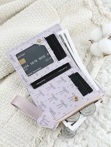 Fashionable Bow Printed Short Wallet, Foldable Buckle Portable Cash, Credit Card Tassel Decoration Wallet, Suitable For Carrying Around - Purple - View 6