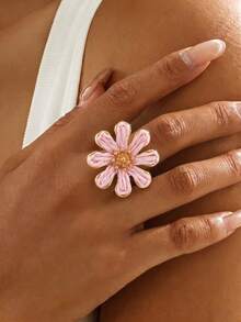 1pc Bohemian Vacation Style Raffia Pink Flower Ring, Suitable For Women Beach Outings, Daily Outfit Matching, Versatile Accessory - Pink - View 1