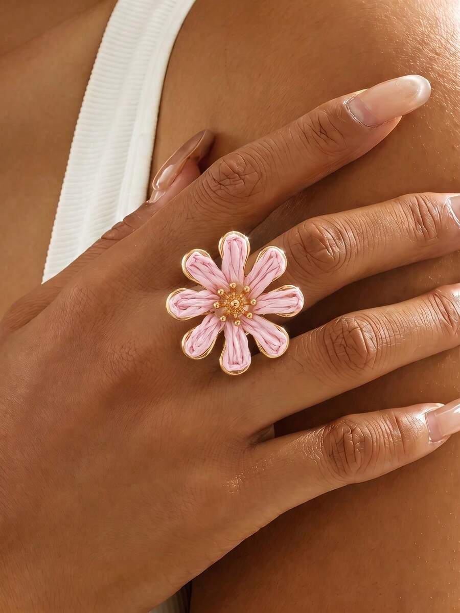 1pc Bohemian Vacation Style Raffia Pink Flower Ring, Suitable For Women Beach Outings, Daily Outfit Matching, Versatile Accessory - Pink - View 1
