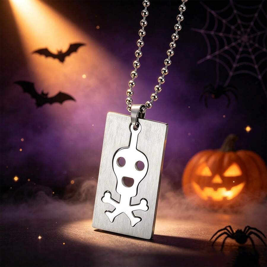 Halloween Skull Crossbones Dog Tag Necklace For Men, Stainless Steel Punk Gothic Skeleton Pendant Ball Chain Necklace Halloween Jewelry Gift For Boys