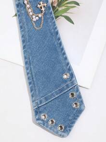 1PC Fashion Versatile Unisex Denim Style Detachable Faux Rhinestone Pearl Chain Wing Small Round Hole Decor No-Tie Denim Necktie Suitable For Daily Wear, Shopping, Party, Travel, Dating - Blue - View 3