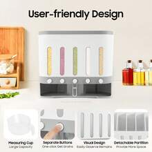 HYYKJ-US Cereal Dispenser 5 Compartment, Airtight Dry Food Container With Measuring Cup, Wall Mounted Rice Storage Dispenser For Kitchen Counter Pantry - HG-hSYXF-6915=default - View 3