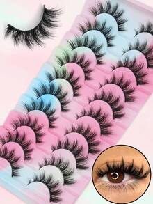 10 Pairs Exaggerated Demon Spike False Eyelashes, European And American Style Dense Voluminous Lightweight Strip Lashes, Fluffy D-Curl 3D Cartoon Anime False Eyelashes, Soft Reusable Cat Eye Lashes, Suitable For Party And Daily Wear - Black - View 7