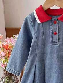 Infant Girls Fashionable Lapel Embroidered Half-Button Front Ruched Hem Long Sleeve Denim Dress - Light Wash - View 3