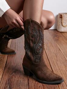 wellspring Ideal With Fall Clothes,Women's Western Style Embroidered Pointed Toe Slip-On PU Knee-High Boots, Chunky & Mid Heel, Winter Warm - Mocha Brown - View 3