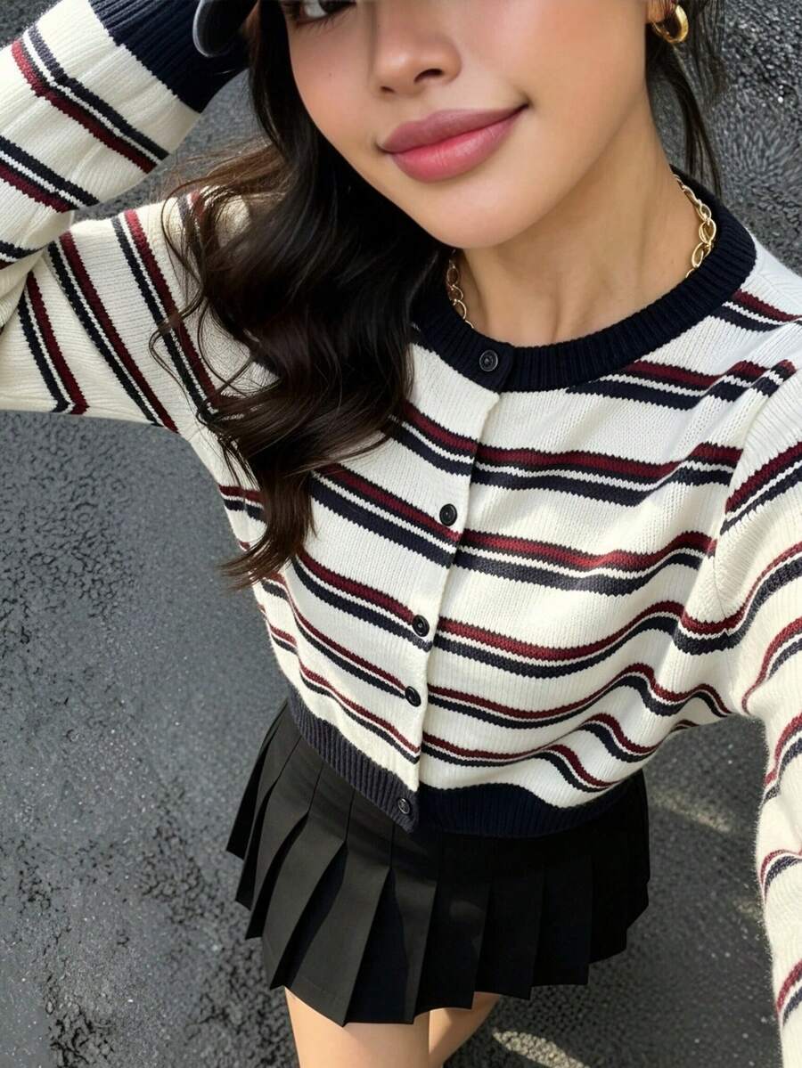 Women's Vintage Contrast Color Striped Long Sleeve Cardigan Round Neck Loose Drop Shoulder Versatile Knit Sweater - Multicolor - View 1