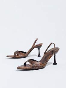 Women's Pointed Open-Toe Goblet Heel Sandals, Brown With Delicate Embossed Print Single Strap Design, Fashion Autumn Footwear For Evening Events - Brown - View 5