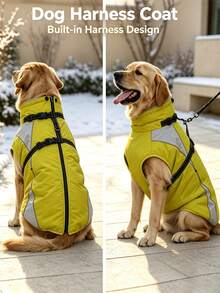 Metglad Dog Winter Coat, All‑In‑One Harness Pet Cold‑Weather Jacket, Night Reflective Dog Snow Coat, Fleece‑Lined Belly‑Protection Outdoor Vest For Small Medium Large Dogs - Mustard Yellow - View 2