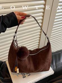 low tea 1pc Minimalist Crescent-Shaped Suede Fabric Shoulder Bag, Suitable For Commuting, Shopping, Etc. (With Pendant) - Coffee - View 6