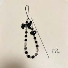 1pc INS Sweet & Cool Style Beaded Phone Lanyard, Black Bow & Heart Beads Wrist Short Phone Chain - Black - View 4