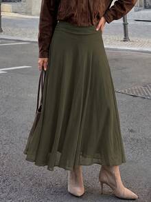 Yepolly-Pop Women's Spring/Summer High Waist Ruched A-Line Flowy Maxi Skirt, Olive Green, Paris Street Style Elegant Back-To-School Outfit - Green - View 4