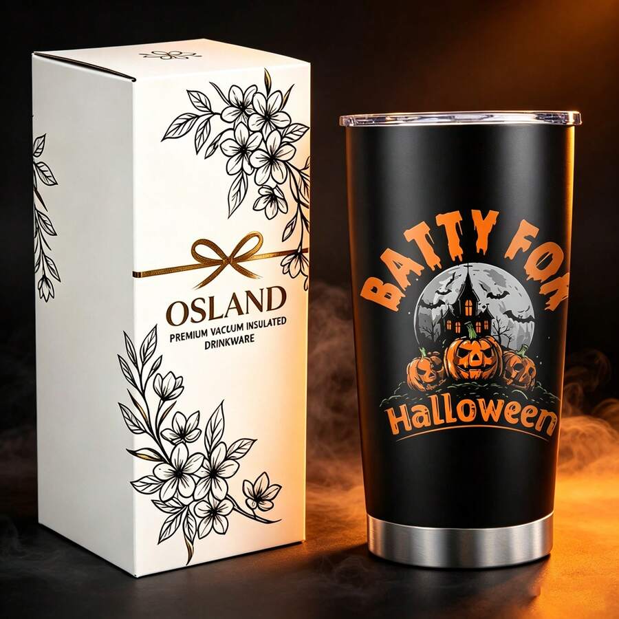 1/5pcs 20oz Stainless Steel Insulated Tumbler, Black Background Haunted House Pumpkin Batty For Halloween Moon Print, Leak‑Proof Sealed Lid, Reusable Insulated Tumbler For Spooky Theme Gathering, Camping, Commute And Daily Coffee Use - Halloween Pumpkin - View 1