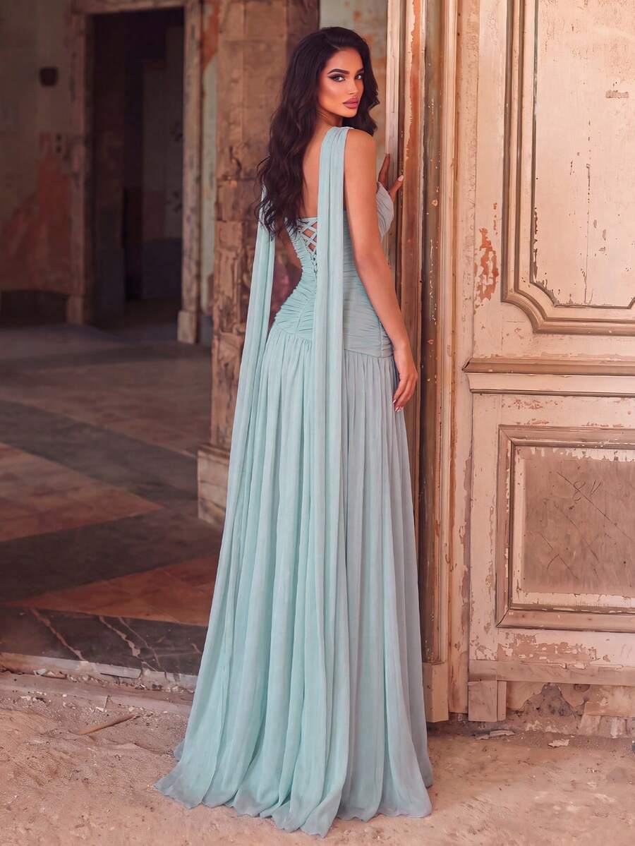 Gaun Maxi Tanpa Lengan Berbahan Chiffon Romantis untuk Wanita, Desain Dada Berkerut Tanpa Lengan yang Elegan, Bagian Bawah Mengembang, Cocok untuk Acara Formal, Pesta Pernikahan, dan Musim Gugur. - Mint Green - View 1