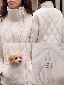 Must-Have For Pet Owners,Women's Casual Fleece Lined High Neck Zip-Up Gold Button Oversized Padded Quilted Coat For Daily,Fall Clothes,Winter Outfit - White - View 7