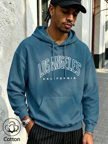 Autumn Winter Men's Cotton Loose Hooded Pocket Sweatshirt With Los Angeles California White Print, Casual Street Sporty Look - Peacock Blue - View 10