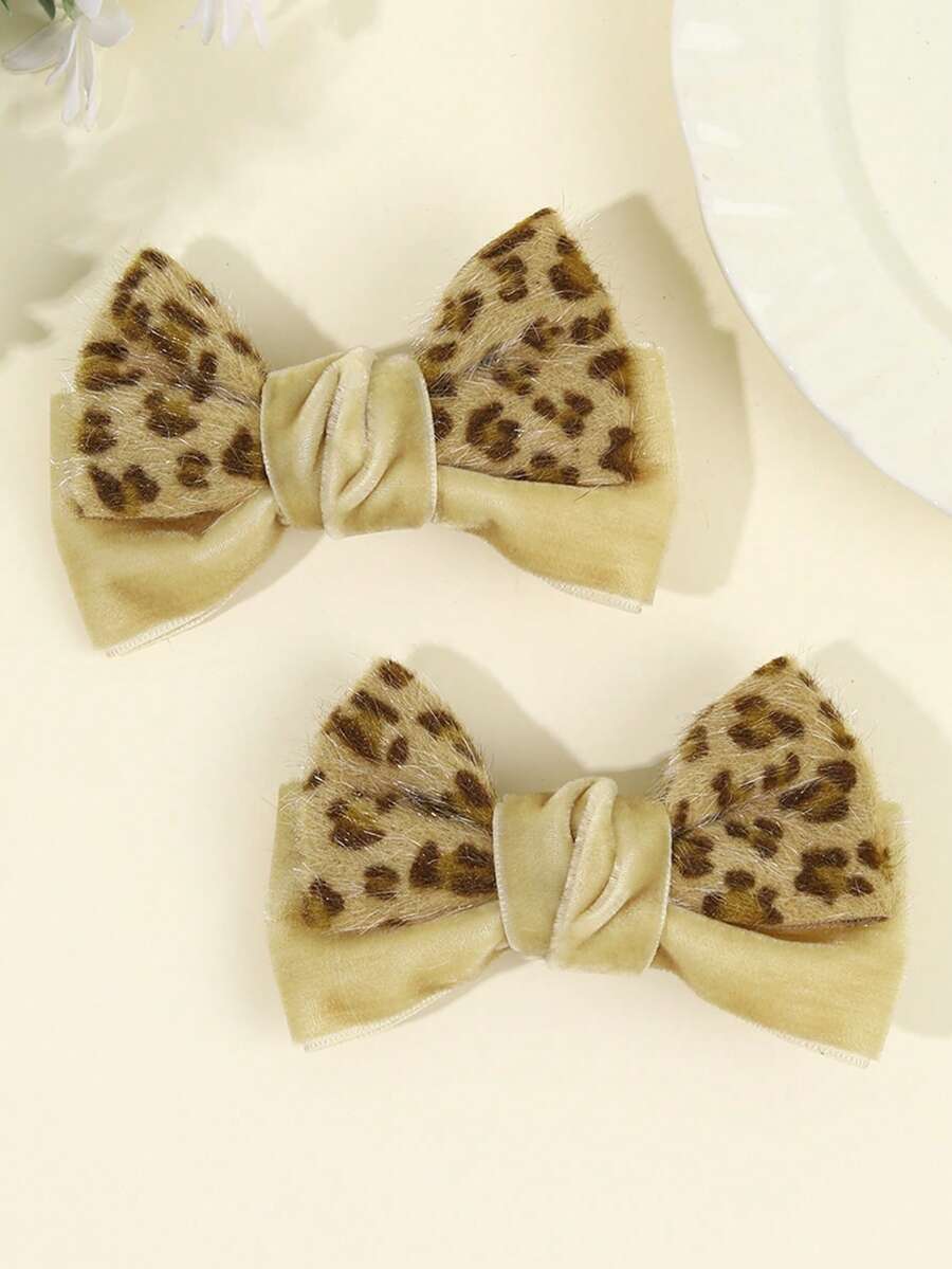 2件裝豹紋天鵝絨蝴蝶結髮夾,毛茸茸絨毛髮飾,復古秋冬女孩日常派對髮飾 - 彩色 - 查看 1