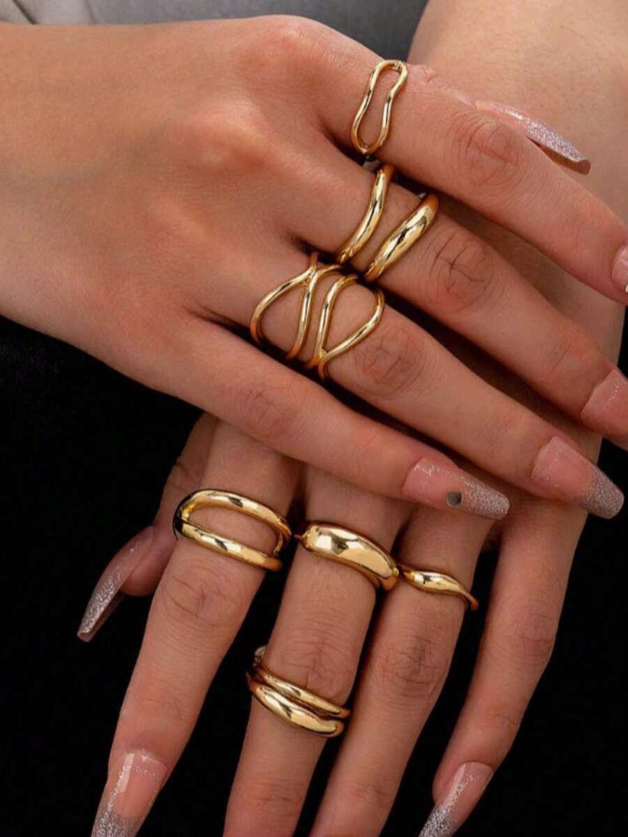 7pcs Punk Style Ring Set, Unique Fashion Heart Butterfly Crown Stackable Rings, Jewelry Fashion Accessories Gift - Gold - View 1