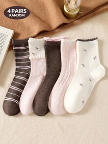 4 Pairs Women's Cute Sweet Breathable Floral Striped Embossed Lace Pattern Mid-Calf Socks Ankle Socks Casual Comfortable Preppy Style Student Socks Fashionable Comfortable Random Colors Suitable For Daily Wear Spring Summer Autumn Winter All Seasons - Multicolor - View 9