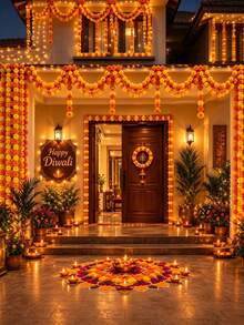 1/2/5pcs Artificial Marigold Wreath Orange & Yellow Mixed Faux Marigold Garland Flower String Crepe‑Petal Strand Hanging Garland For Pooja Toran Temple Decor Mexican Party Backdrop Halloween Wall Hanging Backdrop Arch Garland - Yellow Orange - View 9