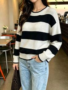LOVE JOYY Women's Casual Colorblock Striped Crew Neck Knit Sweater, Soft Knit Top, Suitable For Autumn/Winter Daily Wear - Multicolor - View 10