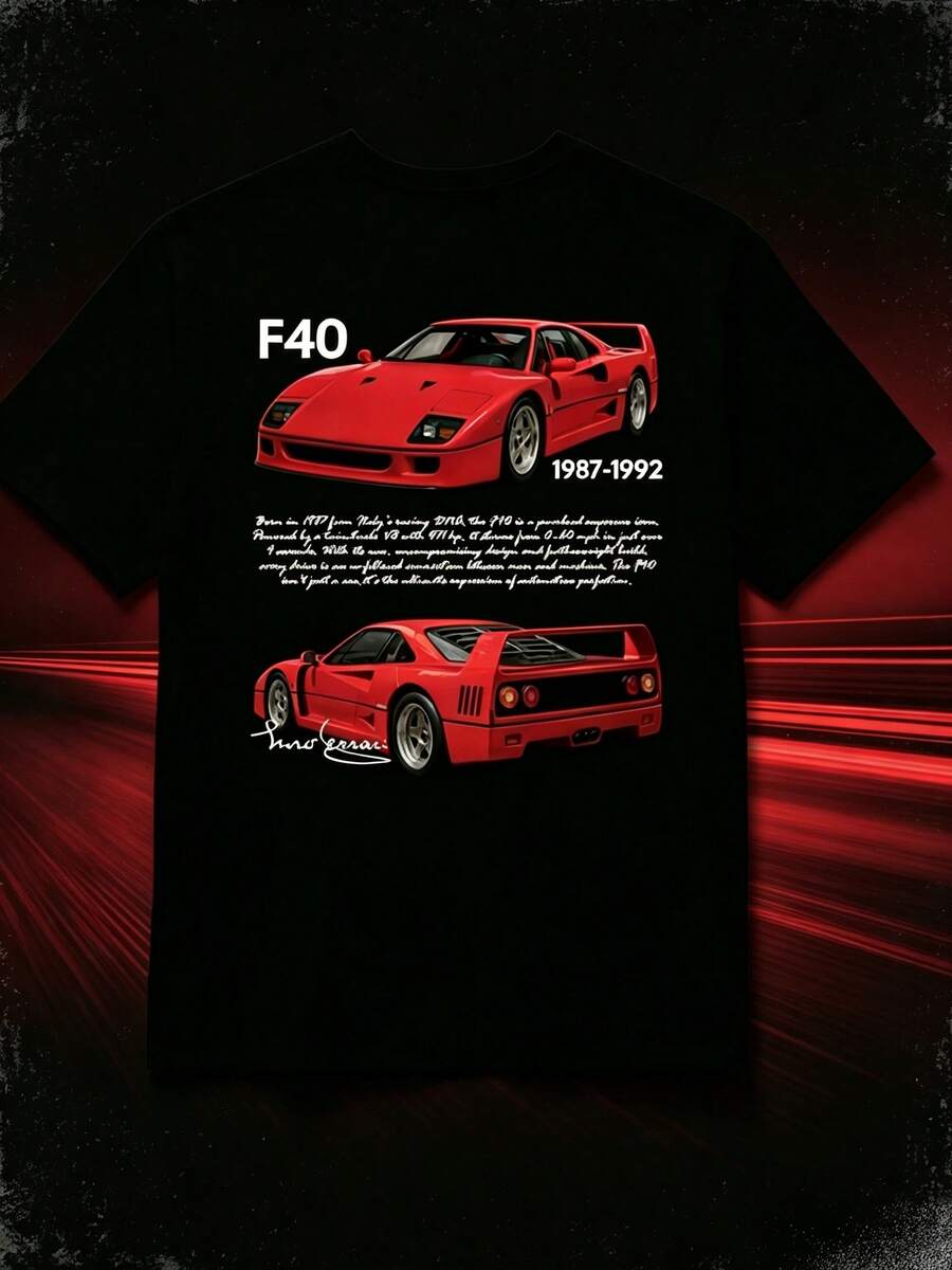 F40 Black Car Vintage Car Enthusiast T-Shirt| Round Neck, Unisex All-Season Casual Wear, Perfect Gift For Halloween Costume Women's Christmas Outfit - Black - View 1