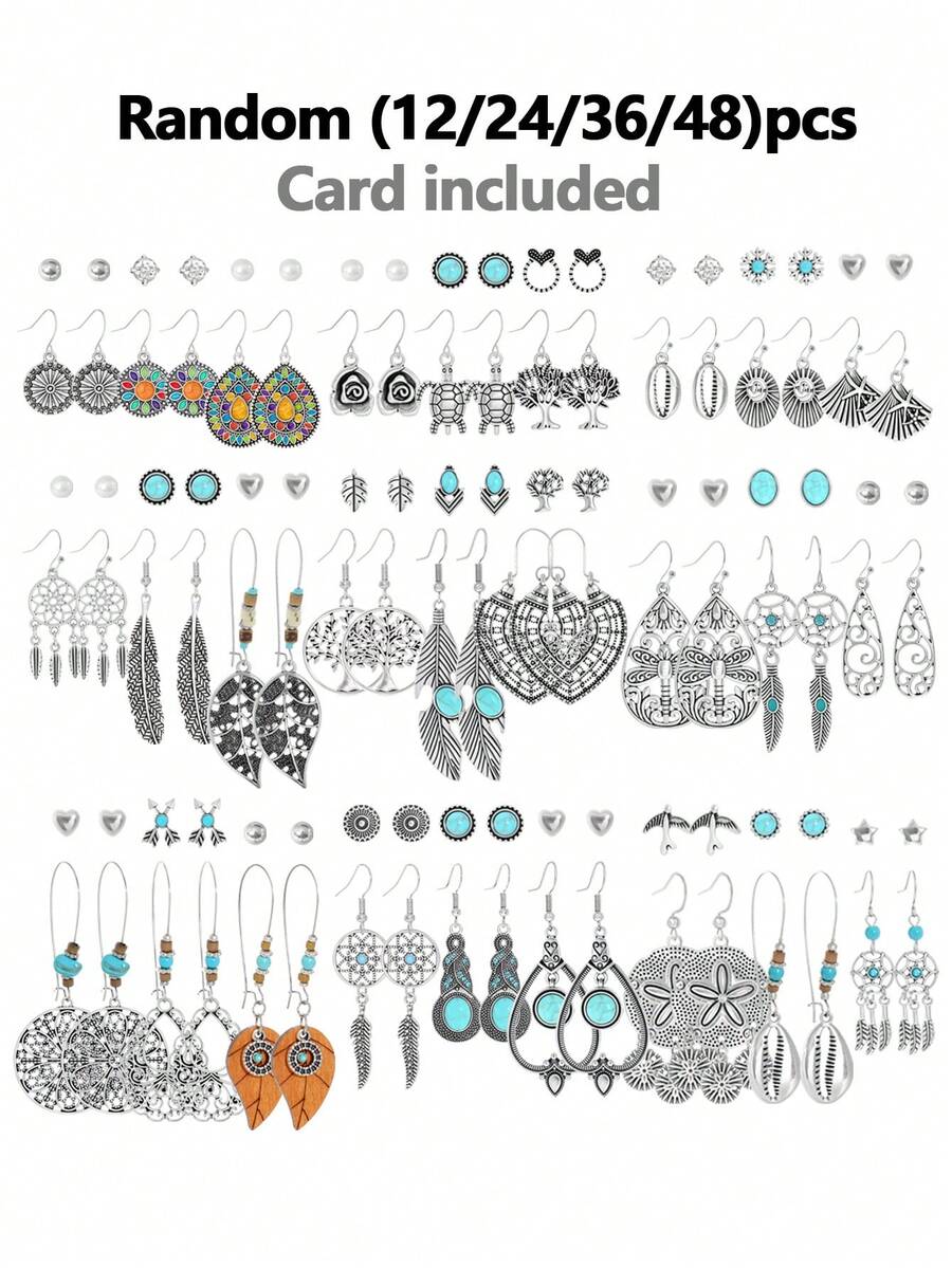 TopHanqi 12 Pairs Random + 24 Pairs Random + 36 Pairs Random + 48 Pairs Random Random Multiple Pairs Earrings Set, Bohemian Turquoise Feather Water Drop Mixed Studs And Hooks With Card Earring Combination - Multicolor - View 1