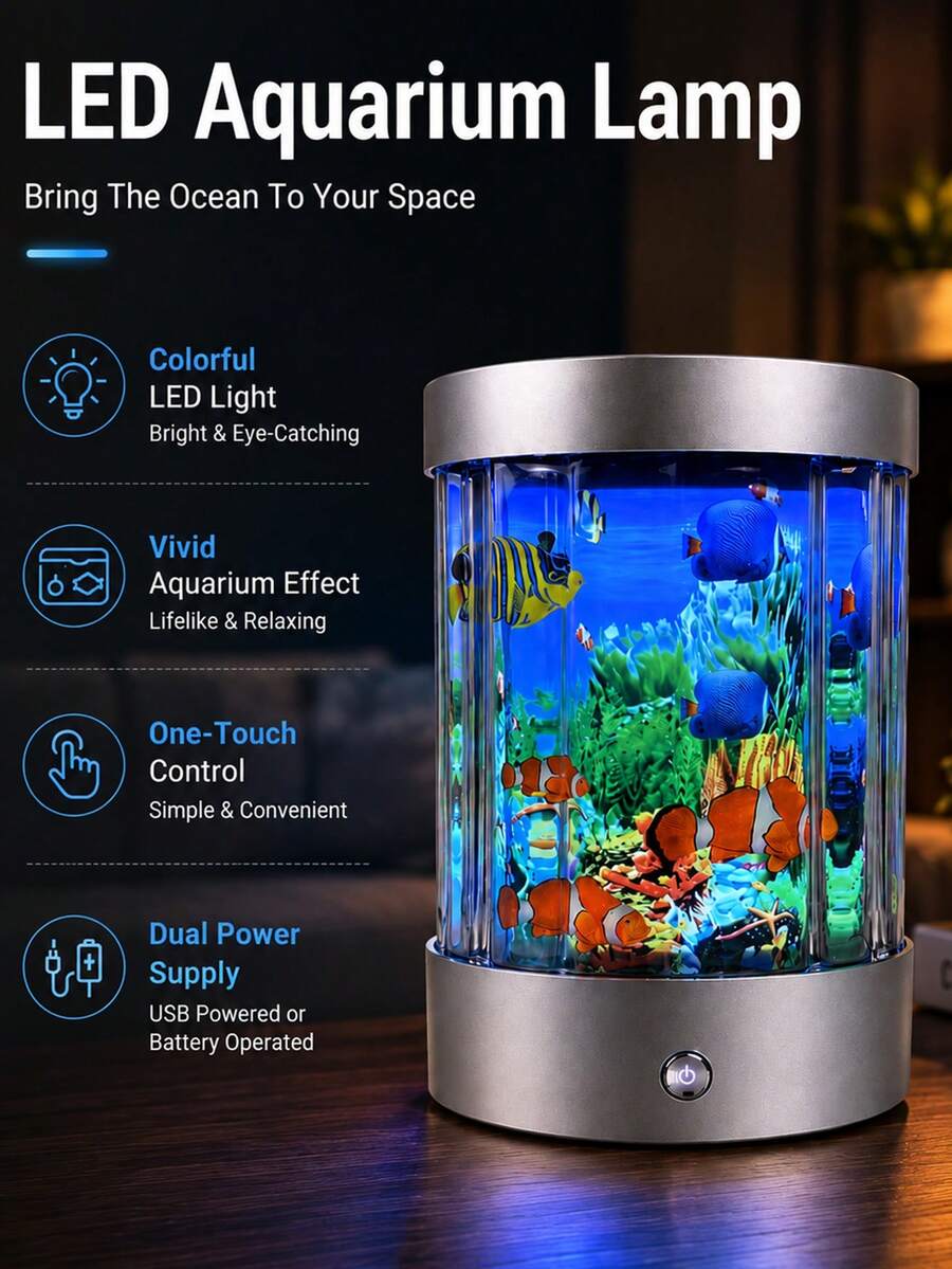 LED Simulated Fish Light Aquarium Lamp, Ocean Simulated Fish Tank Decoration, Frutiger Aero Style Dynamic Fish Light, Sensory Ocean Scene Decoration With Dynamic Fish, Bedroom, Living Room, Office Desktop Aquarium Display Light, USB/Battery Powered - Multicolor - View 1