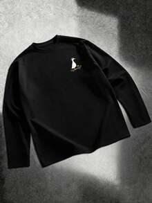 Herrarnas coola långärmade t-shirt med skateboard- och ankgrafiktryck, avslappnad och bekväm - Svart - Visa 3