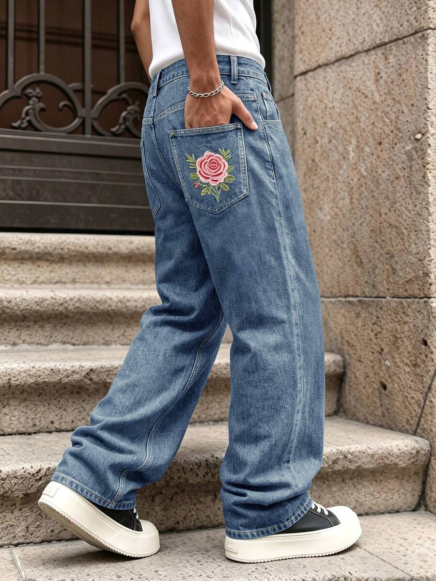 Men's Light Blue Washed Loose Fit Jeans, Rose Embroidered Back Pocket Wide Leg Denim Pants, Vintage Y2K Street Style Oversized Trousers