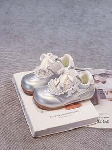 Girls' Lace Casual Sports Shoes, Soft Sole Lace-Up Children's Training Shoes - Silver - View 5